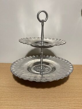 Two-Tier Silver Aluminum Serving Stand - Elegant Home Dining Display